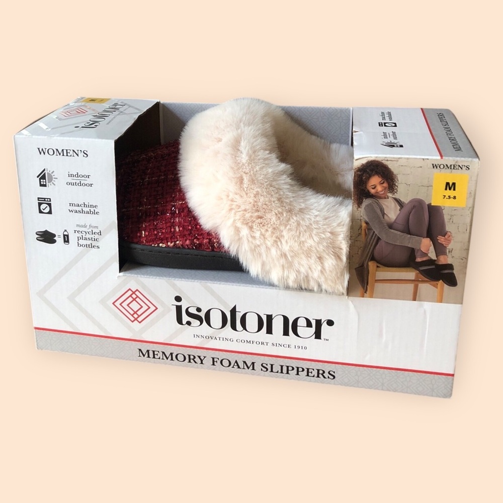 Isotoner NEW Memory Foam Slippers Chili Pepper Red Tweed Cream Fur Women M 7.5-8